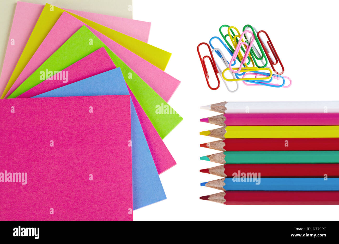 Colorful pencils, clips and note papers on white background Stock Photo