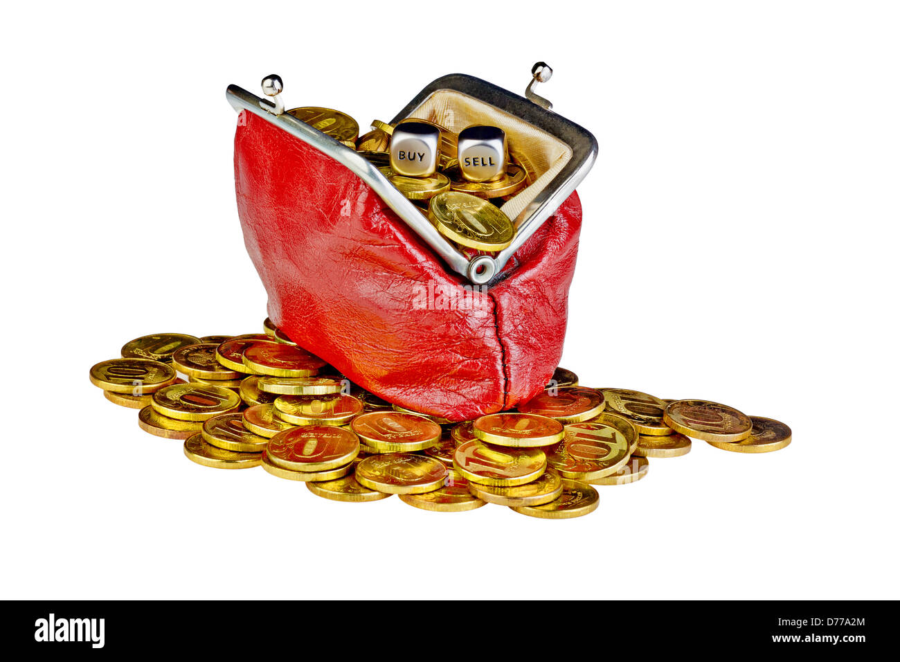 Open old red purse with gold coins and dices with words Sell Buy. Isolated on white background Stock Photo