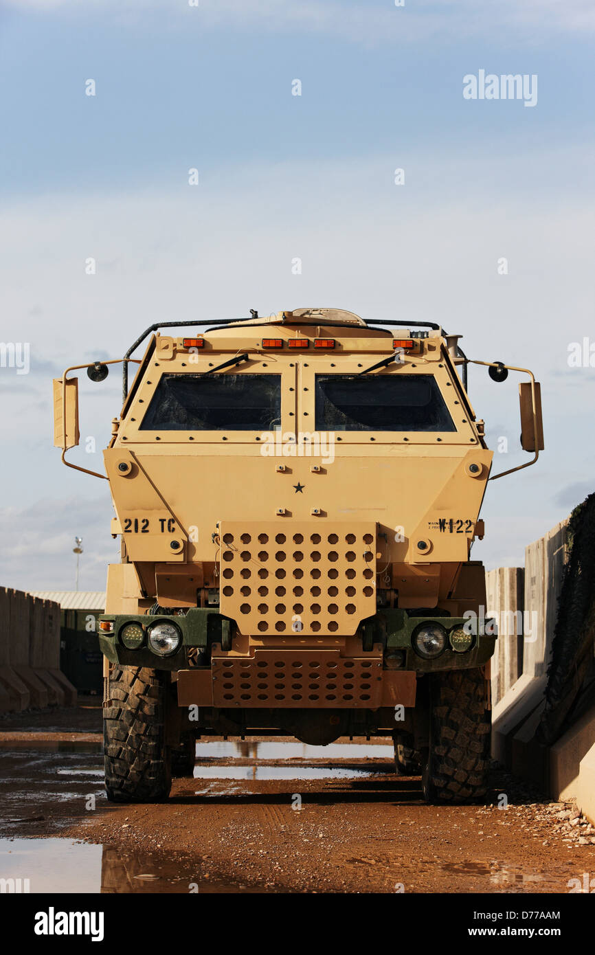 Heavily Armored MTV or Medium Tactical Vehicle at Large Forward Operating Base in Afghanistan's Helmand Province Stock Photo