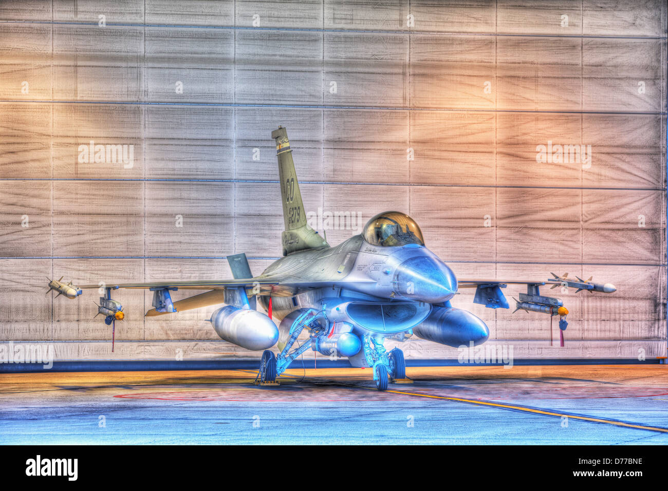 F-16 Alert Jet in Hangar Loaded Live Weapons High Dynamic Range or HDR Image Stock Photo