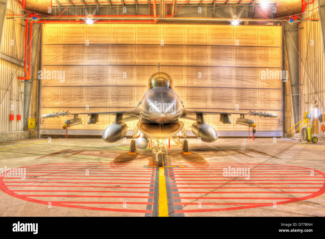 F-16 Alert Jet in Hangar Loaded Live Weapons High Dynamic Range or HDR Image Stock Photo