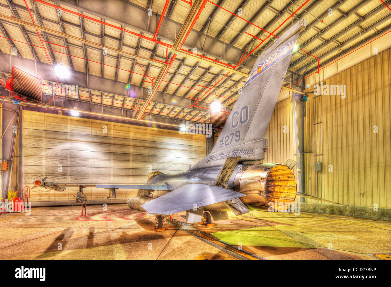 F-16 Alert Jet in Hangar Loaded Live Weapons Rear View High Dynamic Range or HDR Image Stock Photo