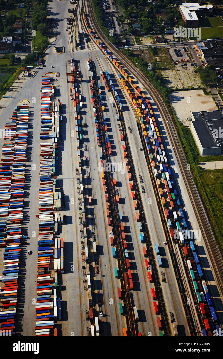 Aerial View Shipping Containers at Rail Yard Stock Photo