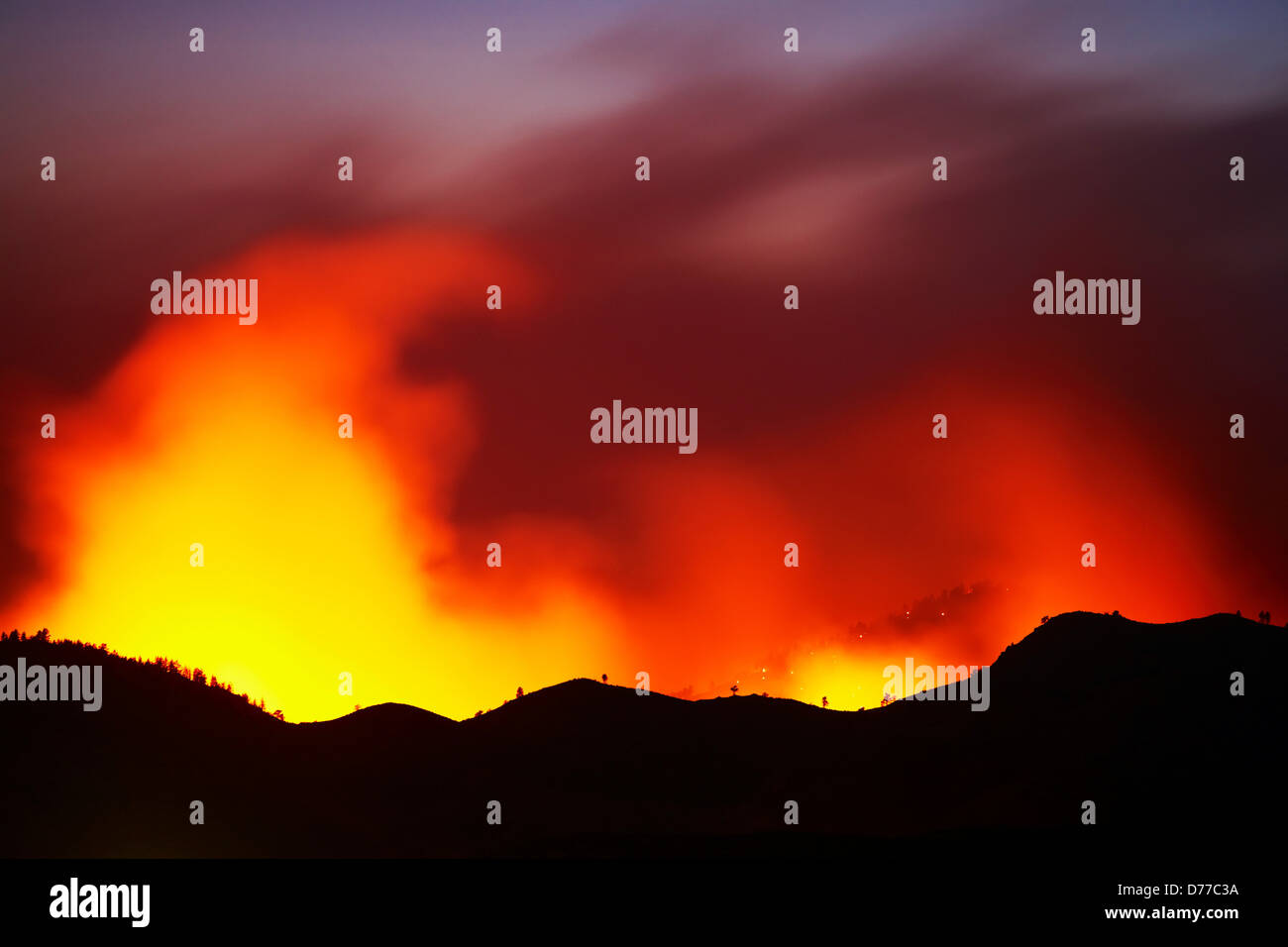 Night View Raging Wildfire Stock Photo