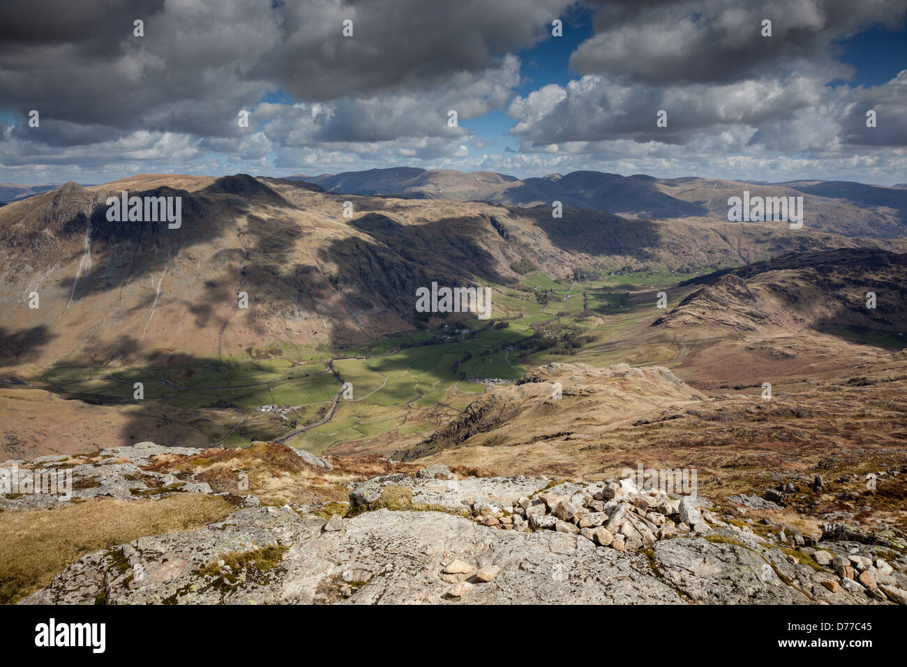 Langdale and the Langdale Pikes as seen from the side of Pike O'Blisco, Lake District, Cumbria Stock Photo