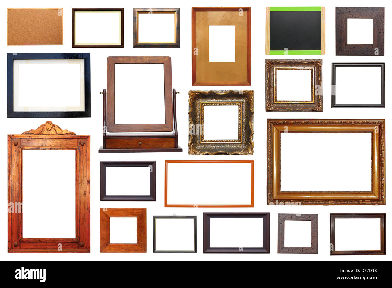 large collection of different types of wooden frames isolated on white background Stock Photo