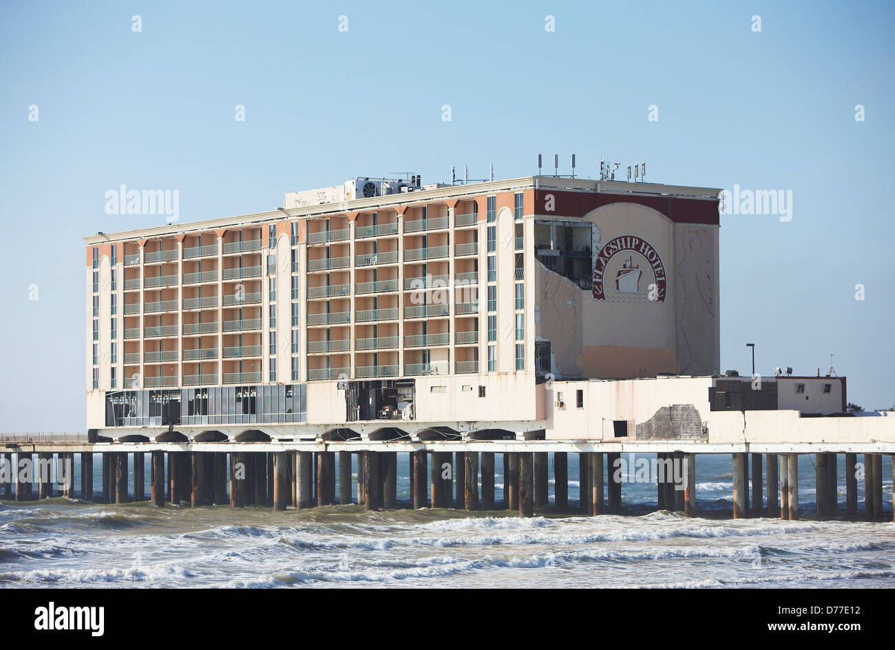 USS Flagship Hotel on Pleasure Pier destroyed by Hurricane Ike in