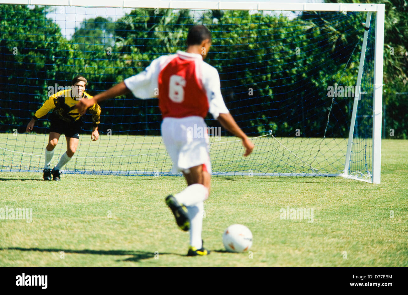 Soccer game, caucasion and Black players, on field, in competition, Miami Stock Photo