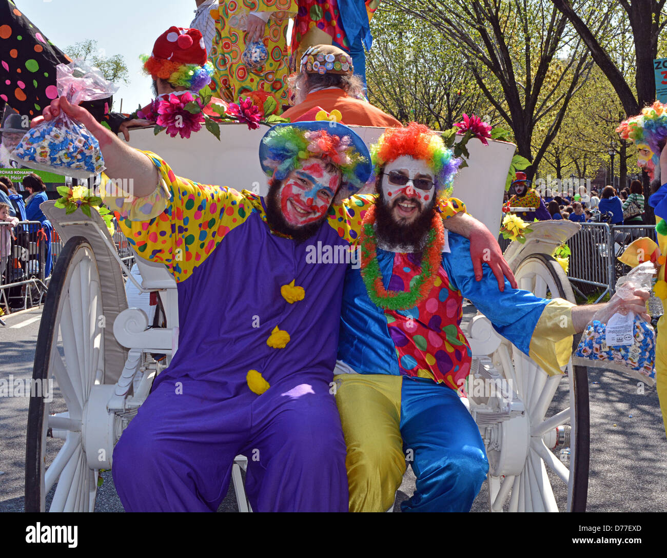 Religious Jewish men dressed as clowns at the Lag B'Omer parade in