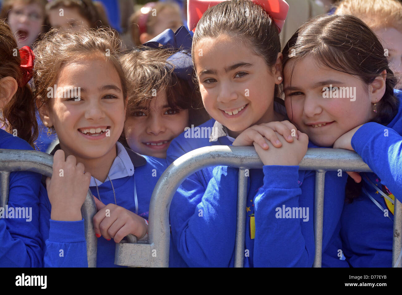Religious Jewish girls in the audience of the Lag B'Omer parade in Crown Heights, Brooklyn, New York Stock Photo