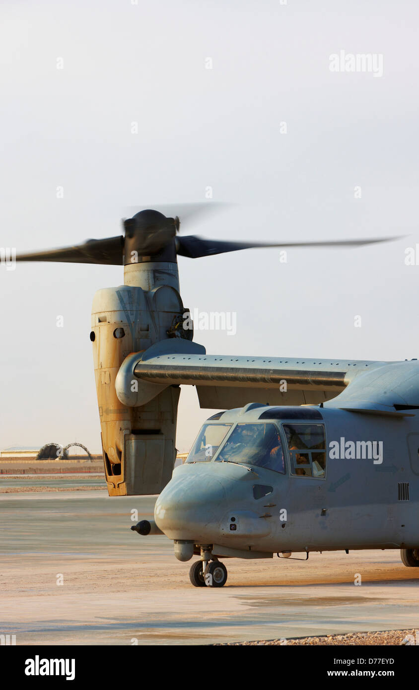 United States Marine Corps MV-22 Osprey taxis off runway at Camp Bastion Helmand Province Afghanistan Stock Photo