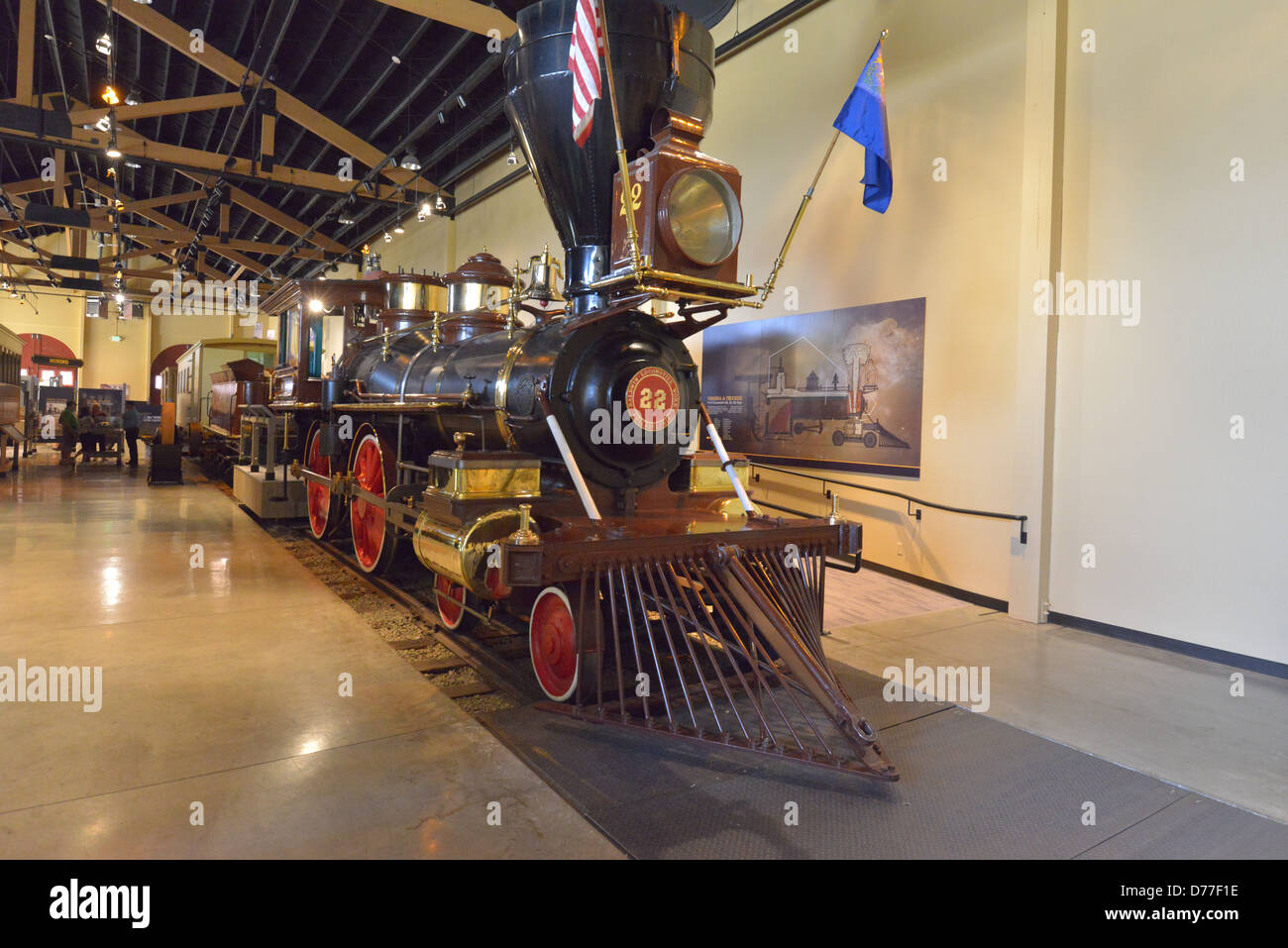 An American wood burning steam locomotive, the last working one left. Stock Photo