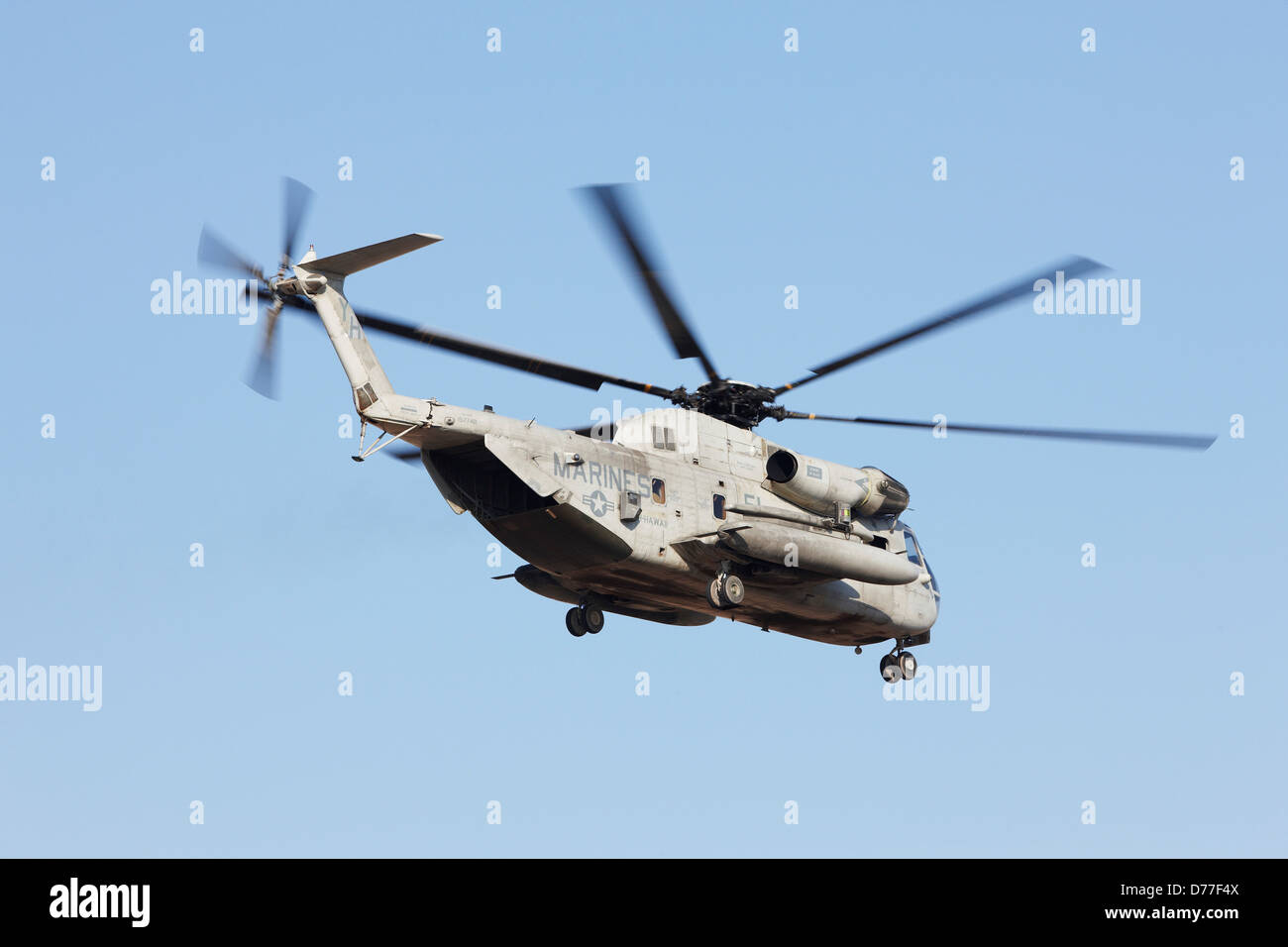 United States Marine Corps CH-53D Sea Stallion heavy lift transport helicopter launches on mission Camp Bastion Helmand Stock Photo