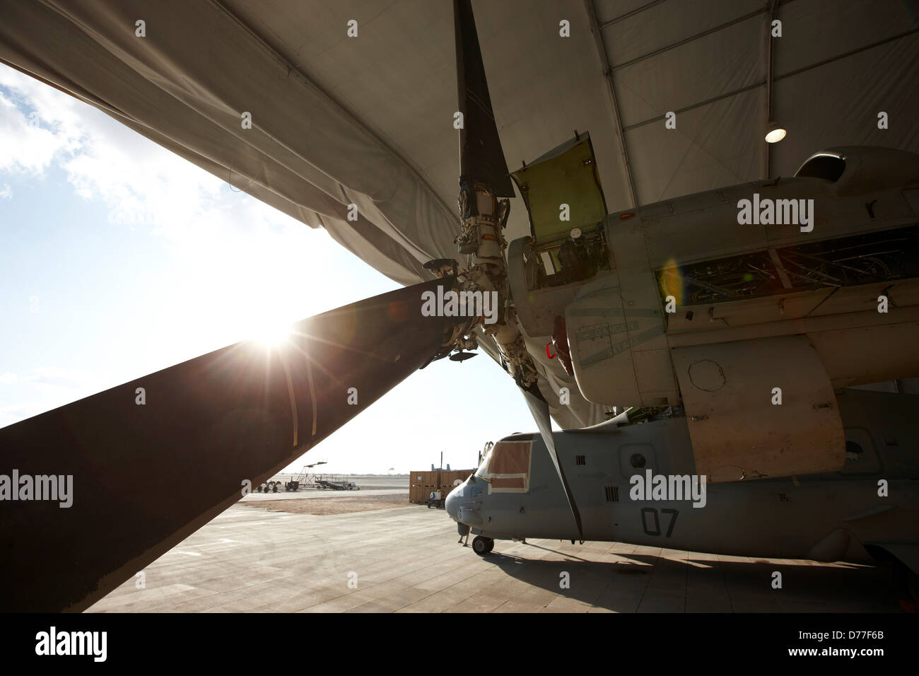 United States Marine Corps MV-22 in expeditionary hangar maintenance Camp Bastion Helmand Province Afghanistan Stock Photo