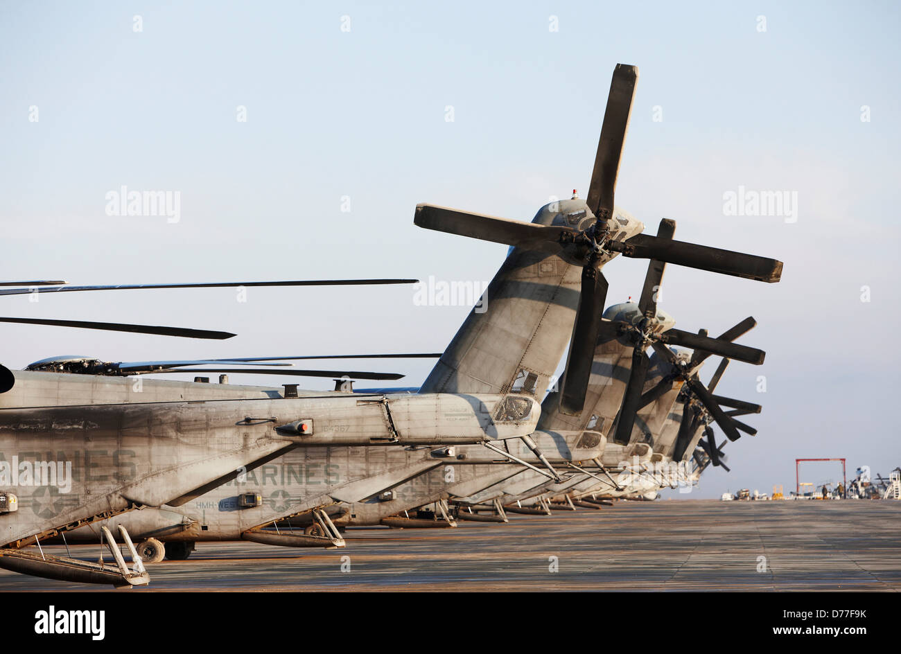 View tail rotors line United States Marine Corps CH-53E Super Stallions at Camp Bastion Helmand Province Afghanistan Stock Photo