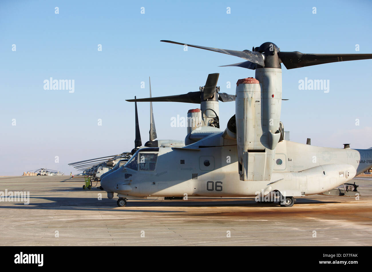United States Marine Corps MV-22 Osprey on flight line Camp Bastion Helmand Province Afghanistan Stock Photo