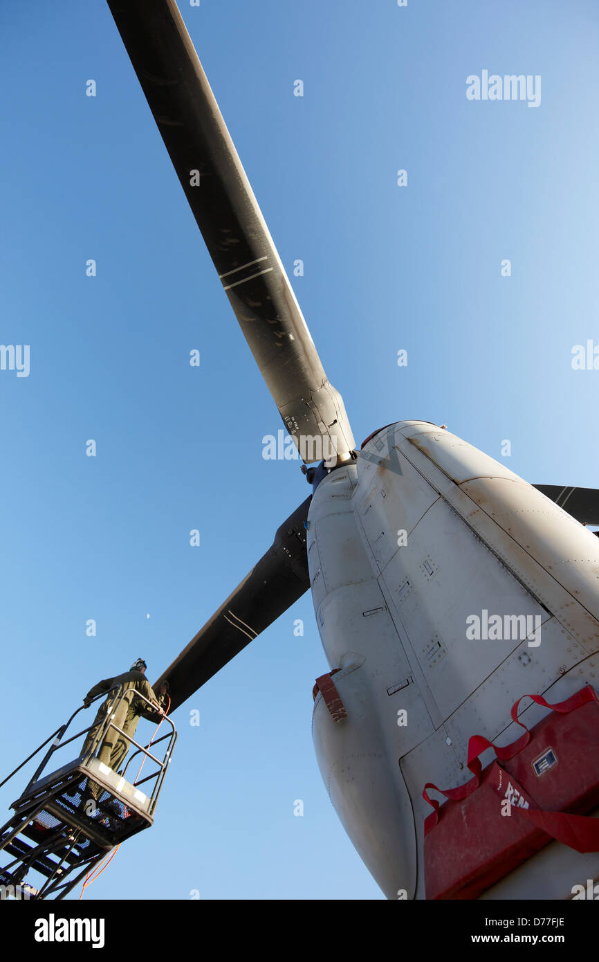 United States Marine Corps aircraft maintenance specialist working on proprotor blade MV-22 Osprey Camp Bastion Helmand Stock Photo