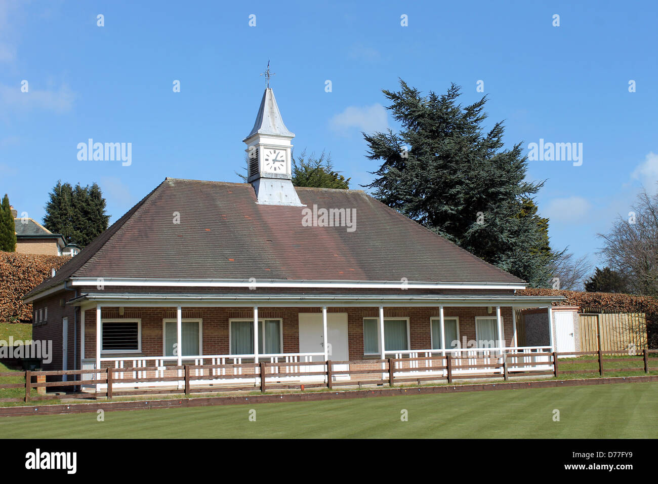 Bowling green pavilion with blue sky background, Scarborough, England. Stock Photo