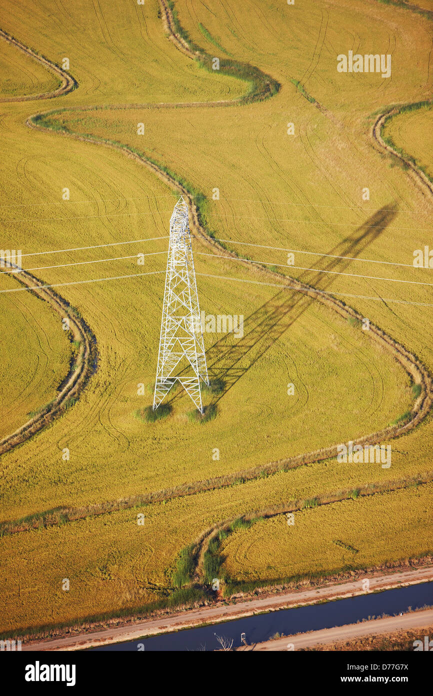 USA California Aerial view high voltage power lines electricity pylon in terraced rice field by Sacramento River Delta Stock Photo