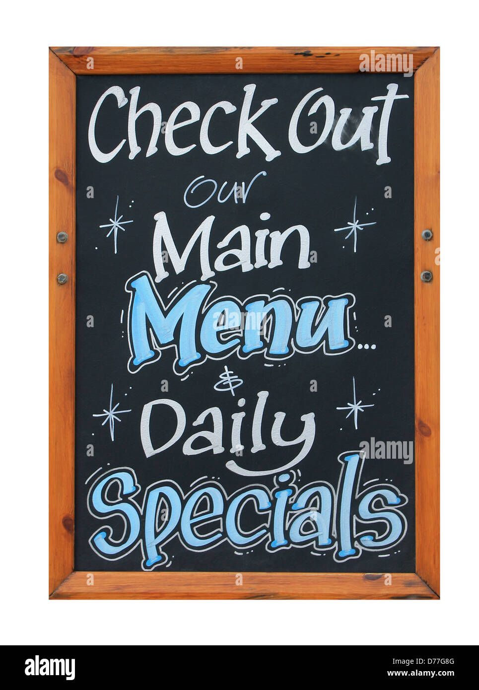 Cafe advertisement sign saying check out our main menu and daily specials, white background. Stock Photo