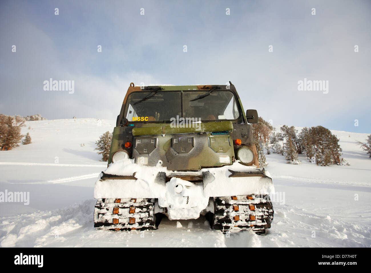 USA California Bandvagn 206 tracked articulated all-terrain carrier being driven through snow by United States Marines during Stock Photo