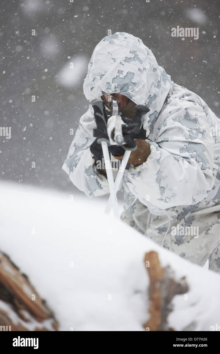 USA California United States Marine aims M16 Service Rifle during cold ...