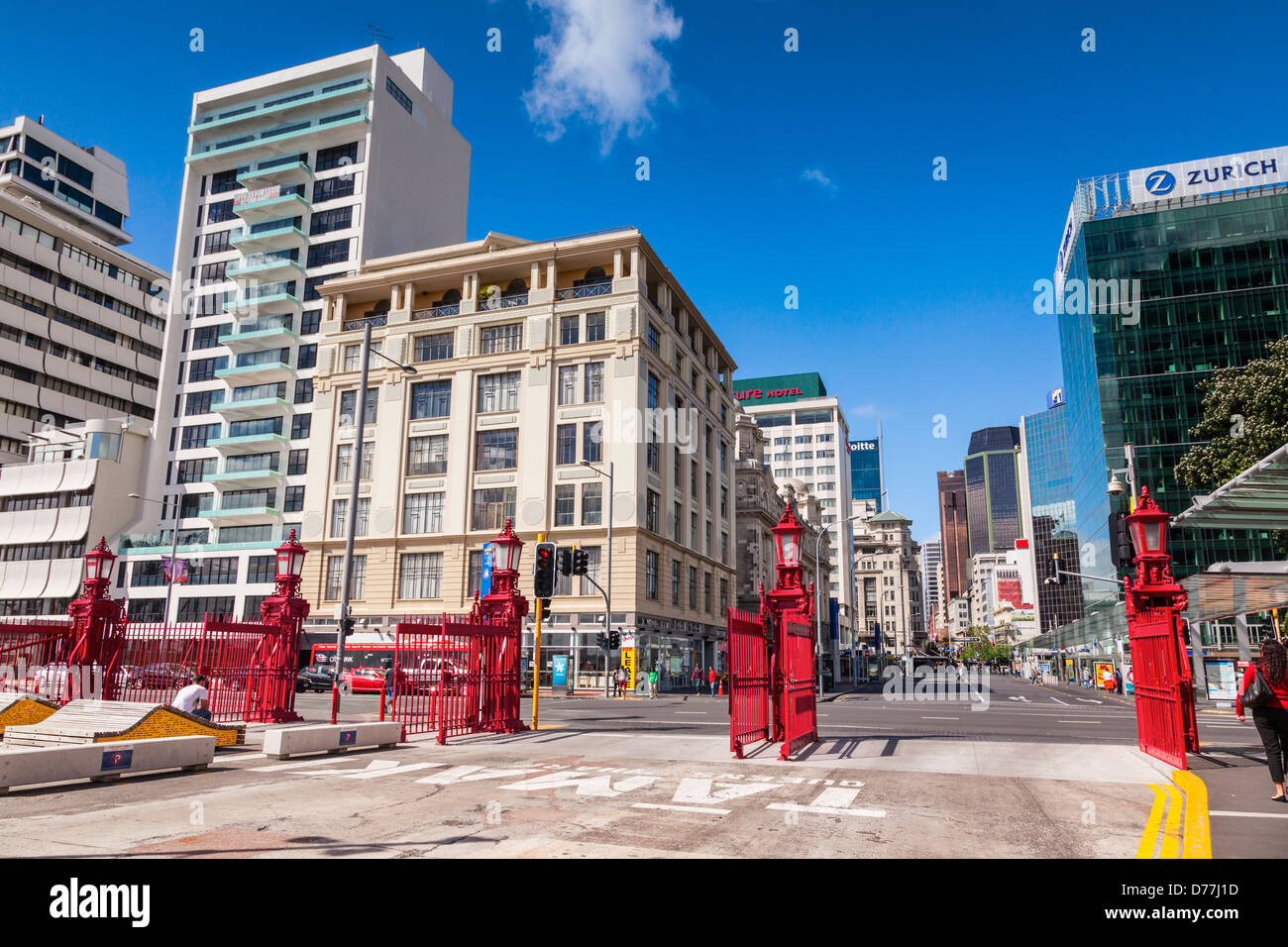 Downtown Auckland CBD and Auckland Port gates, New Zealand. Stock Photo