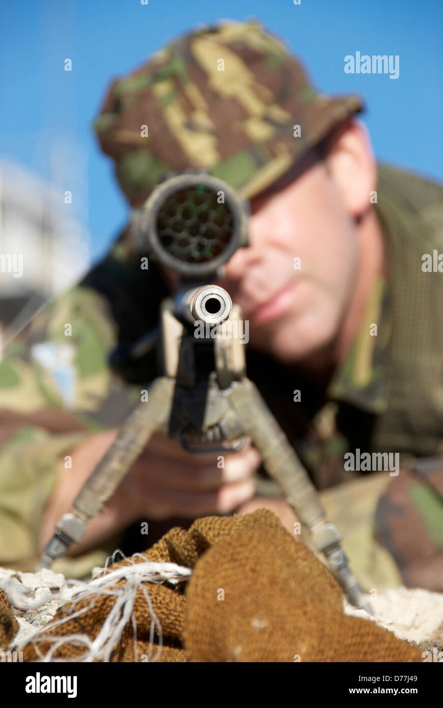 British Royal Marine aiming sniper rifle during mountain sniper training Hawthorne Nevada USA Stock Photo