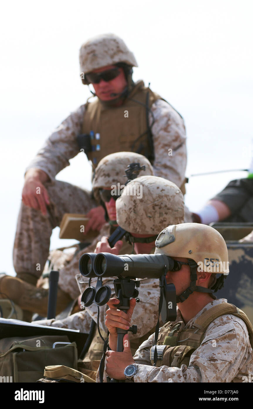 US Marine Corps Forward Air Controller views target through binoculars training range during close air support training Stock Photo