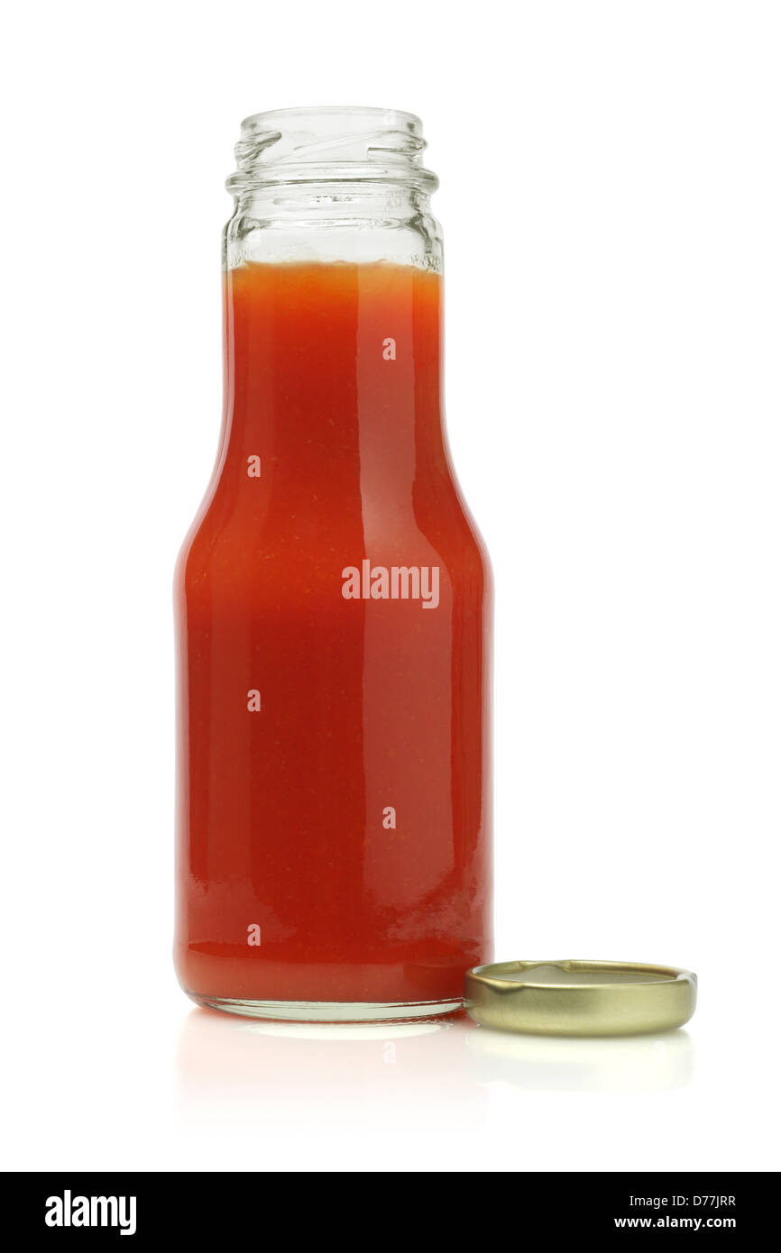 Open Bottle of Chili Sauce On White Background Stock Photo