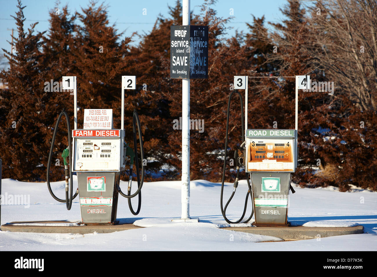 USA Kansas Two diesel fuel pumps one farm use one road use Stock Photo