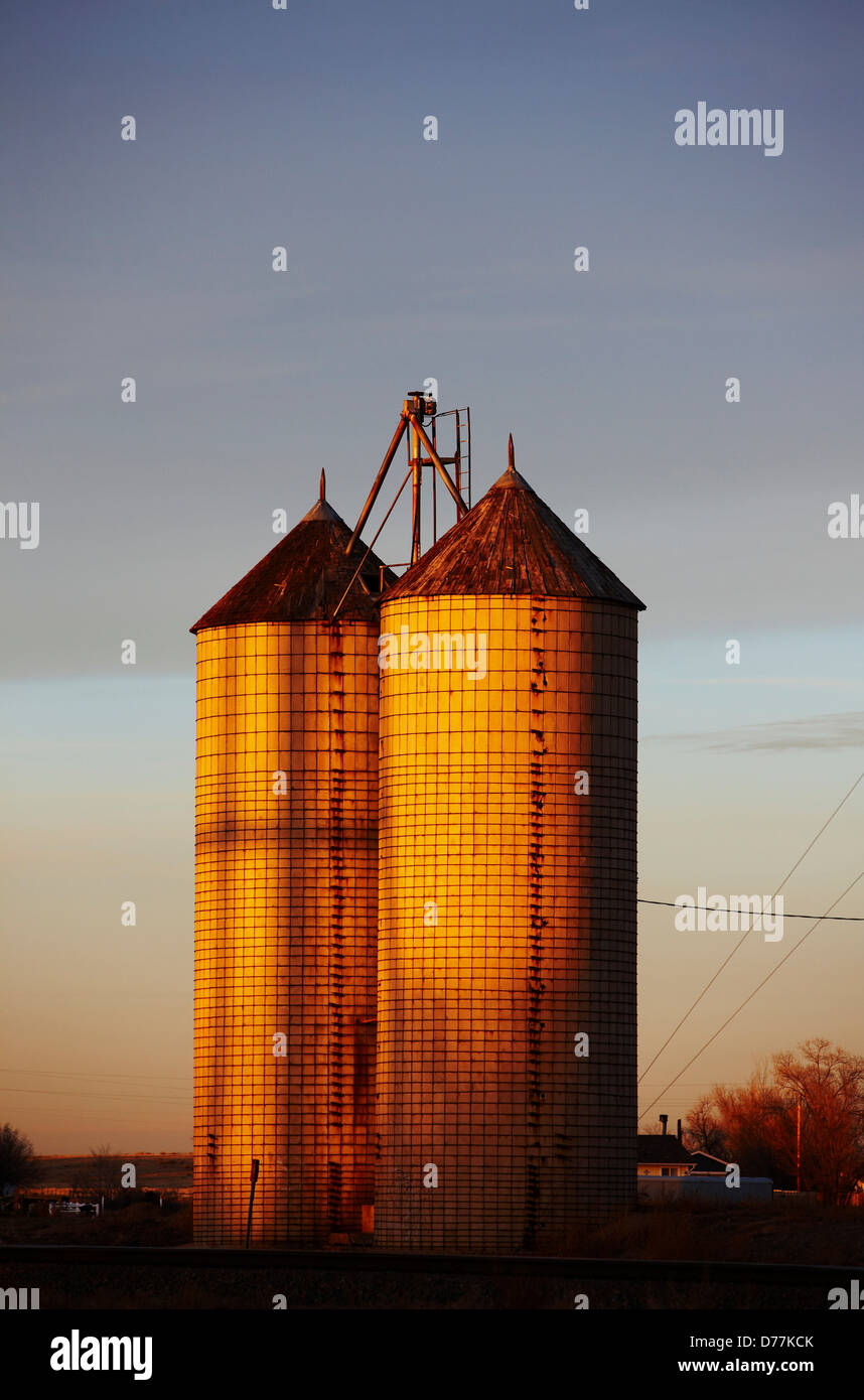 USA Colorado Grain elevators at sunset Stock Photo Alamy