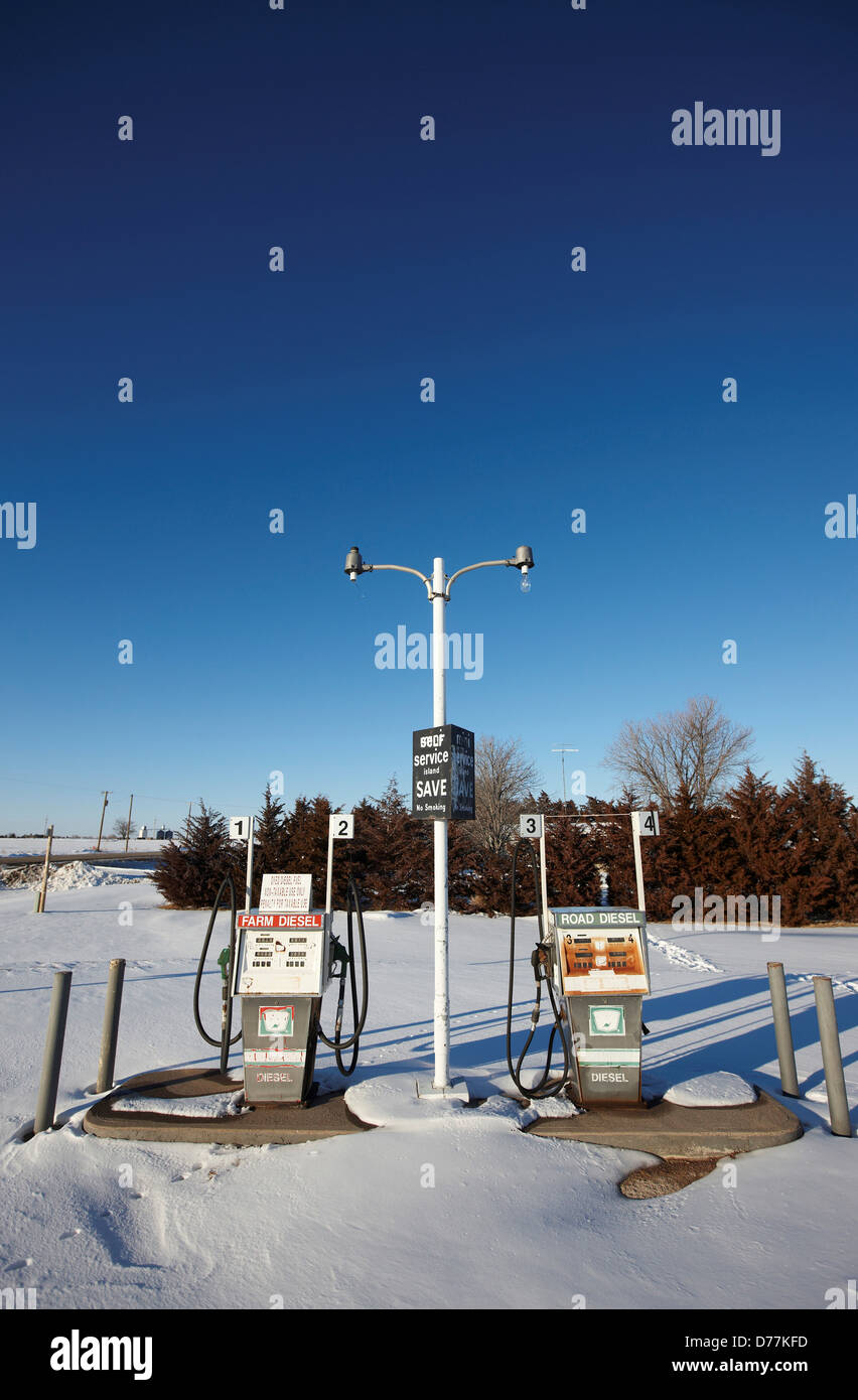USA Kansas Two diesel fuel pumps one farm use one road use Stock Photo