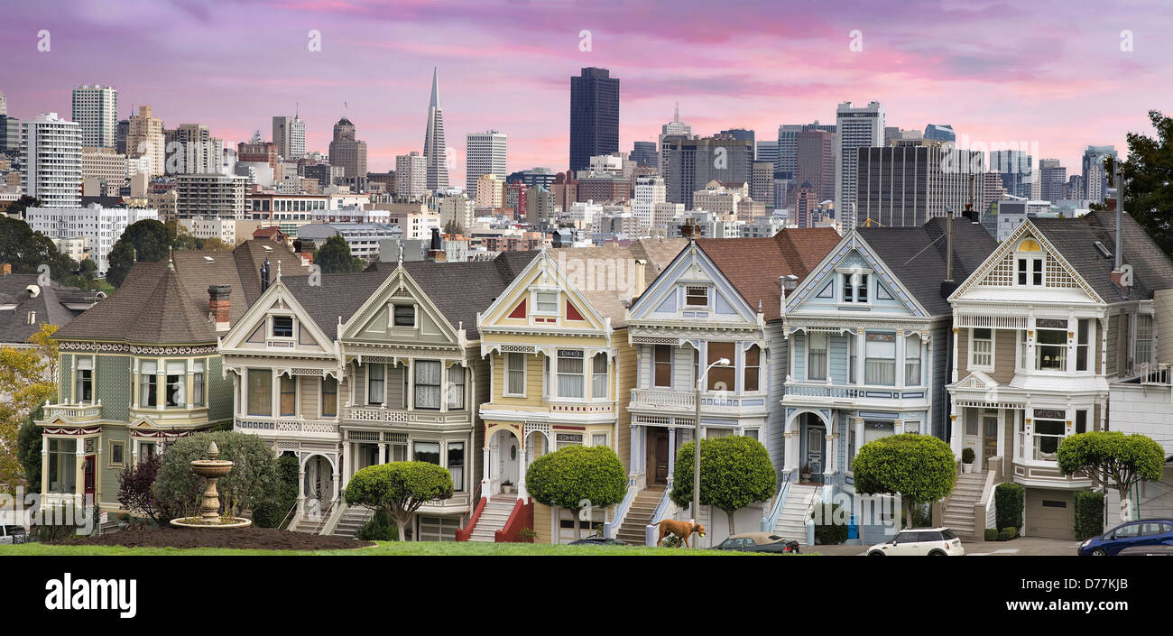San Francisco City Skyline and the Historic Painted Ladies Houses from Alamo Square Panorama Stock Photo