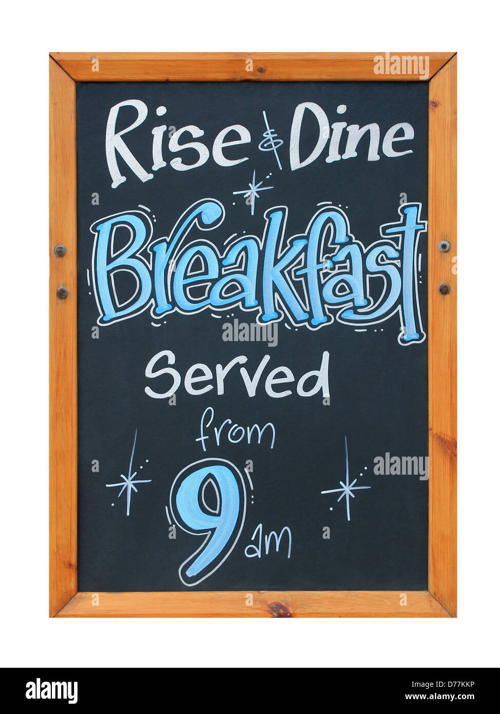 Cafe rise and dine breakfast sign isolated on white background. Stock Photo