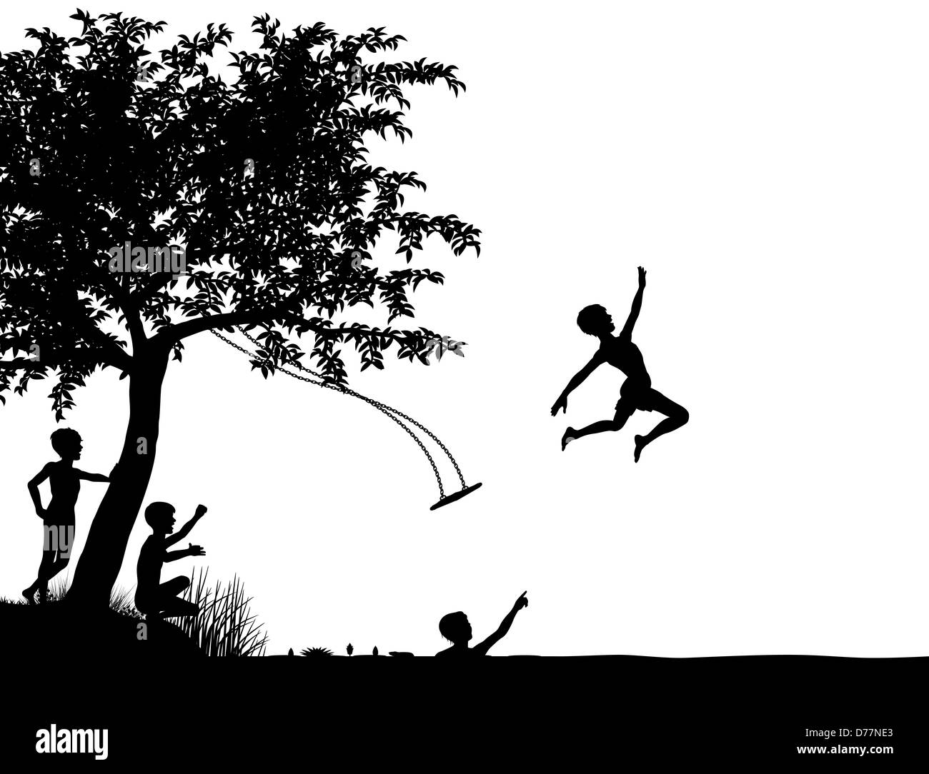 Illustrated silhouette of young boys leaping off a tree swing into a ...