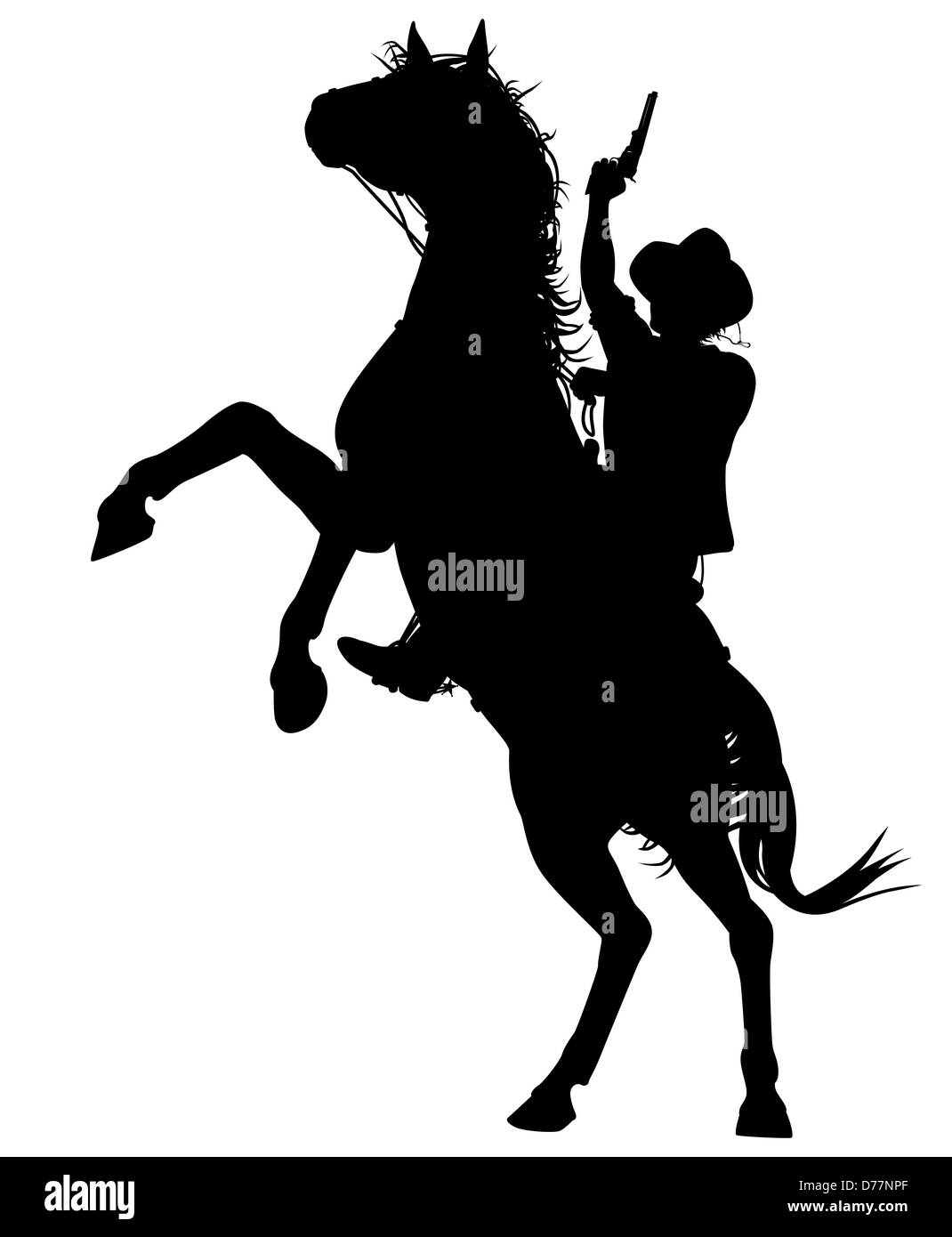 Illustrated silhouette of a cowboy shooting a pistol on a rearing horse Stock Photo