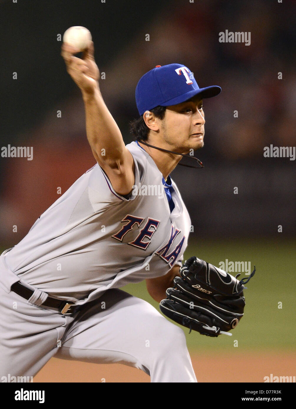 Yu Darvish (Rangers), APRIL 24, 2013 - MLB : Yu Darvish of the Texas Rangers pitches during the baseball game against the Los Angeles Angels at Angel Stadium in Anaheim, California, United States. (Photo by AFLO) Stock Photo