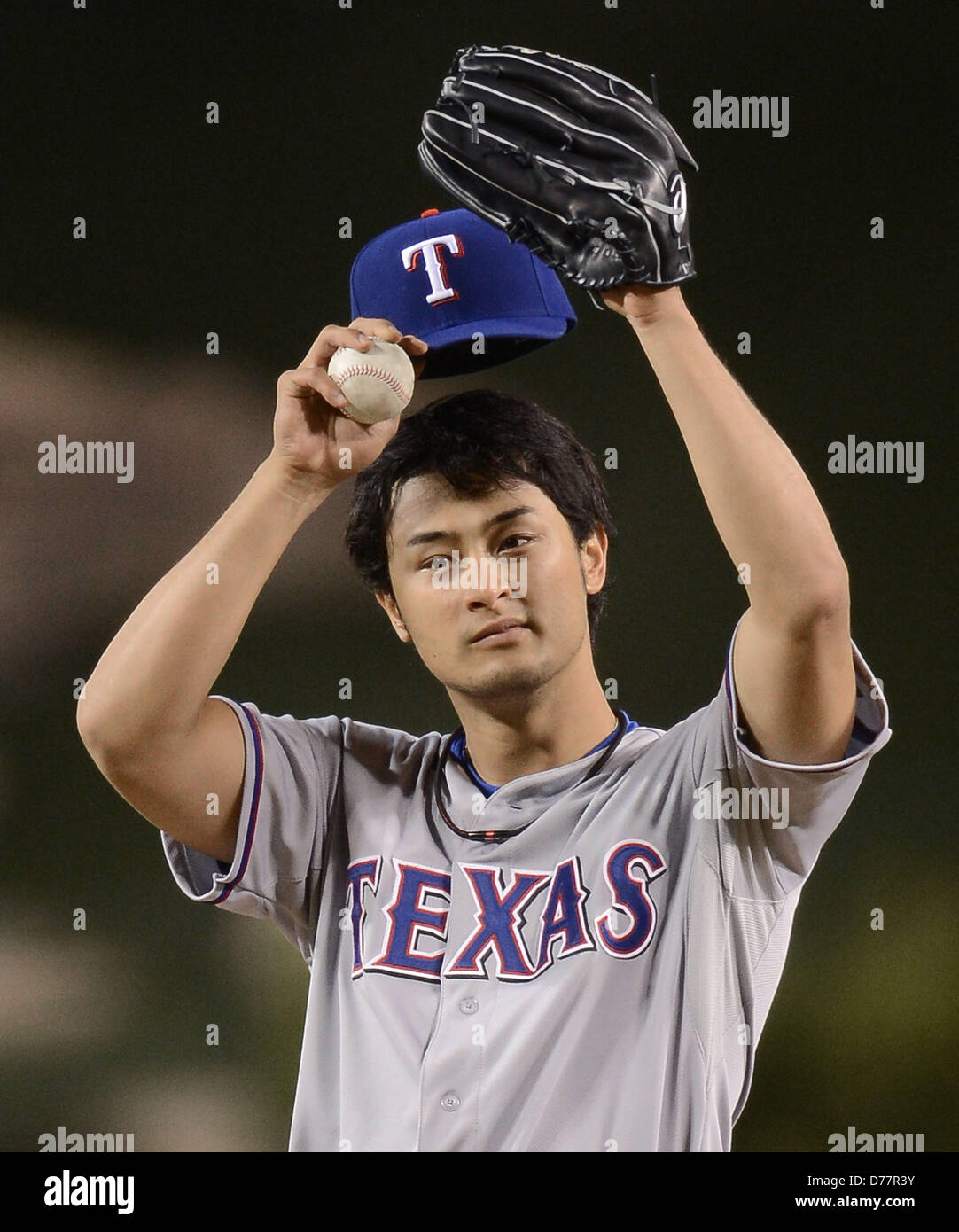 Pitcher Yu Darvish of the Texas Rangers stands on the mound at