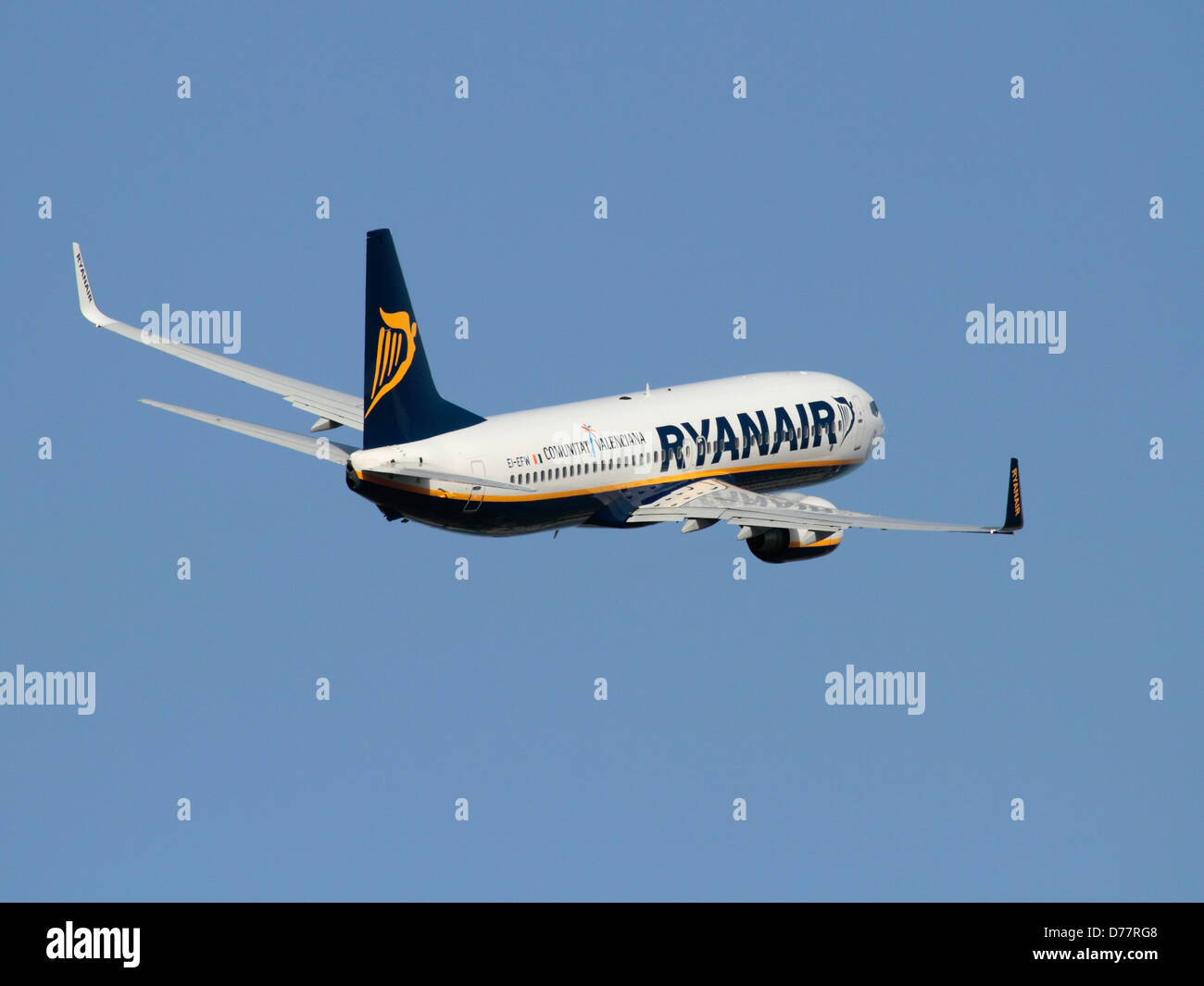Ryanair plane. Economy air travel. Boeing 737-800 airliner belonging to low-cost airline Ryanair in flight after takeoff. Stock Photo