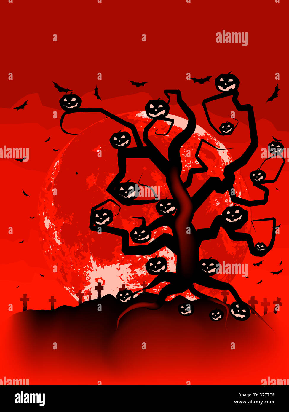 Halloween Tree with Bats and Pumpkins Stock Photo - Alamy