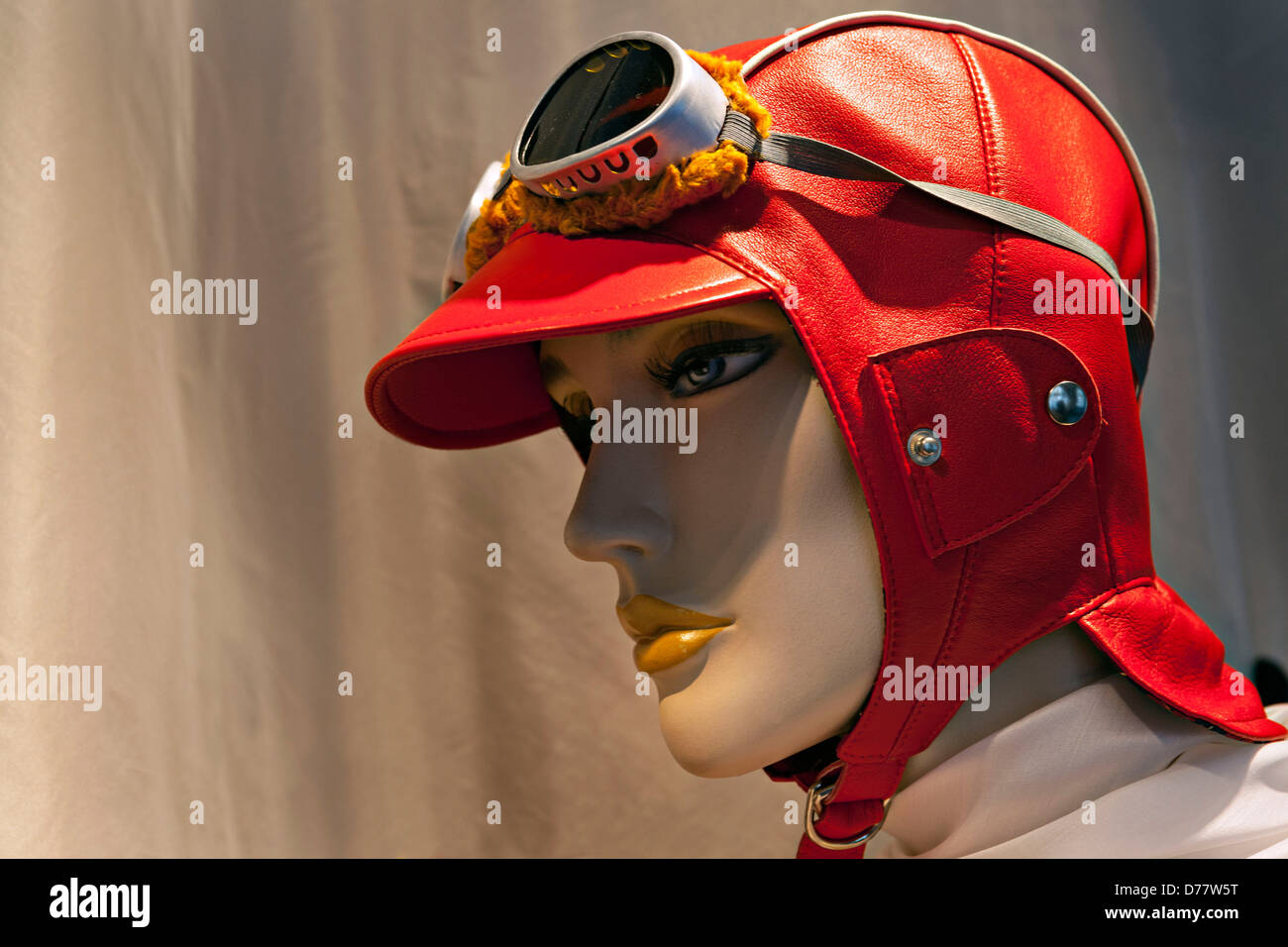 Mannequin wearing a Red Historical Flying Hat Stock Photo