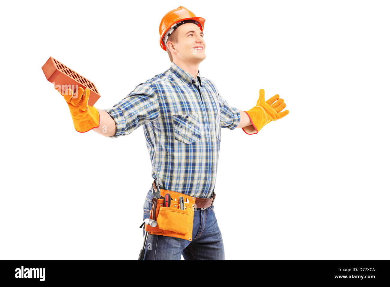 Shutterhand Worker Happy manual worker holding a brick and spreading arms, isolated on ...