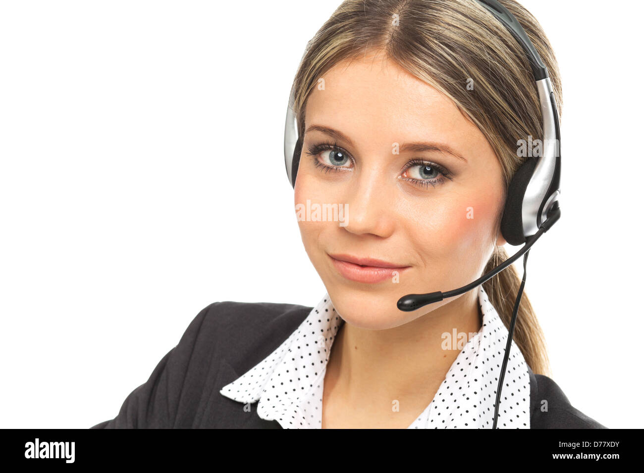 Close up portrait of a blond girl with headphones, illustrating support phone operator, on white Stock Photo