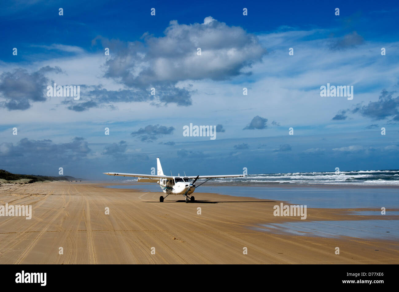 Plane preparing for take off Seventy Five Mile Beach Fraser Island Queensland Australia Stock Photo