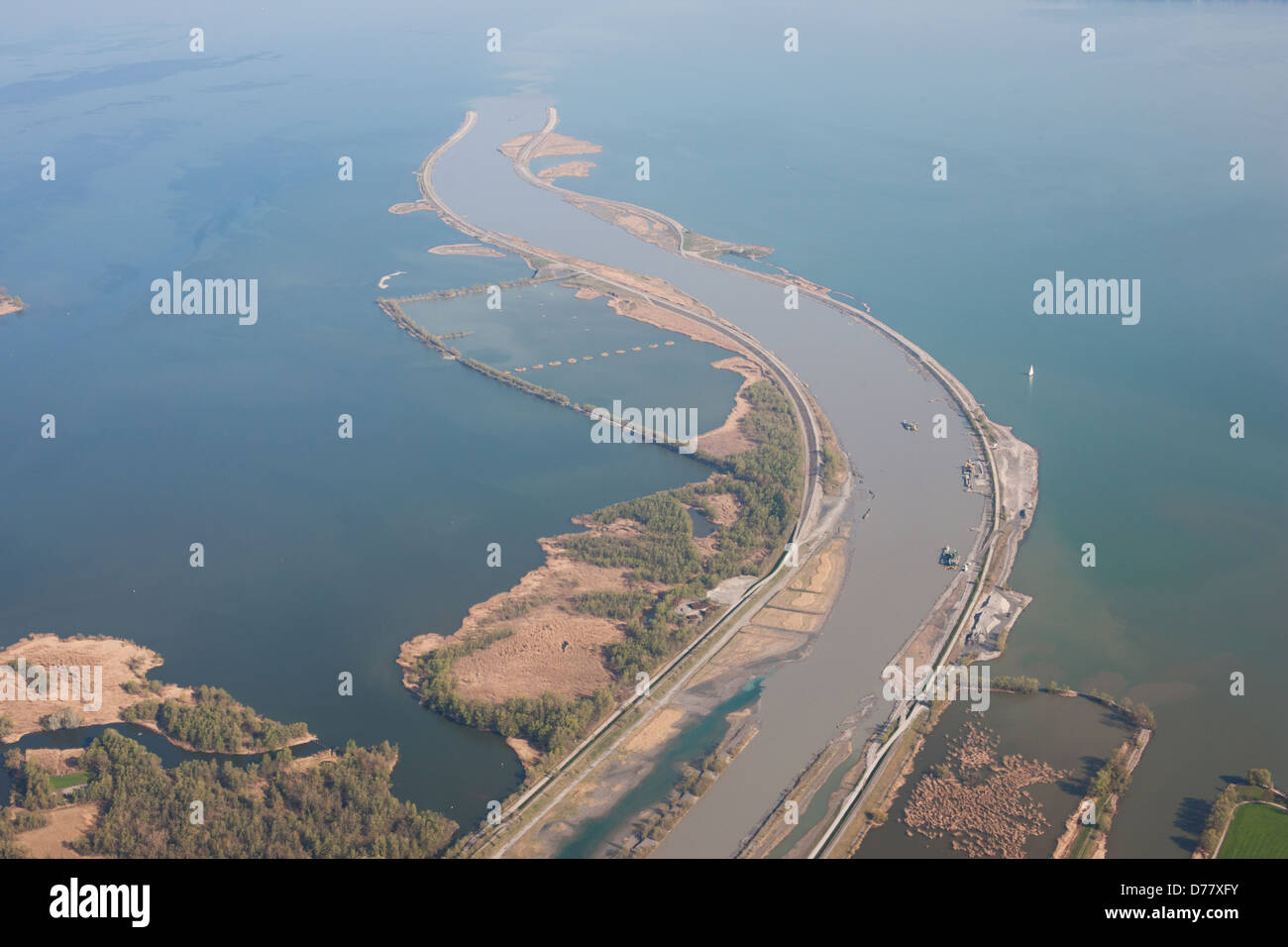 AERIAL VIEW. Rhine River mouth on the eastern side of Lake Constance (Bodensee in German). Hard (near Bregenz), Vorarlberg, Austria. Stock Photo