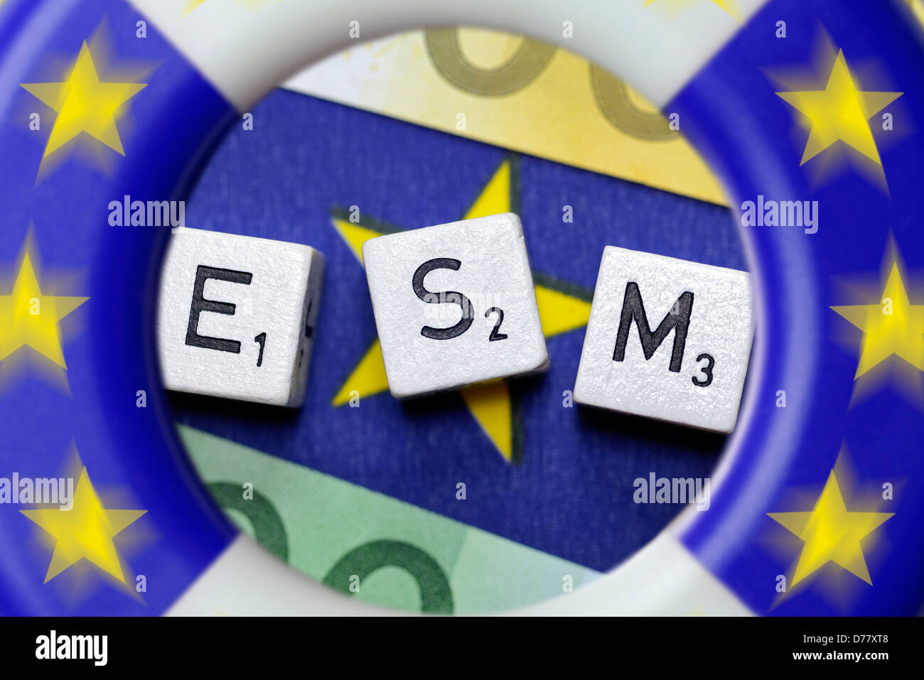 Cube letters form the stroke ESM, European stability mechanism Stock Photo