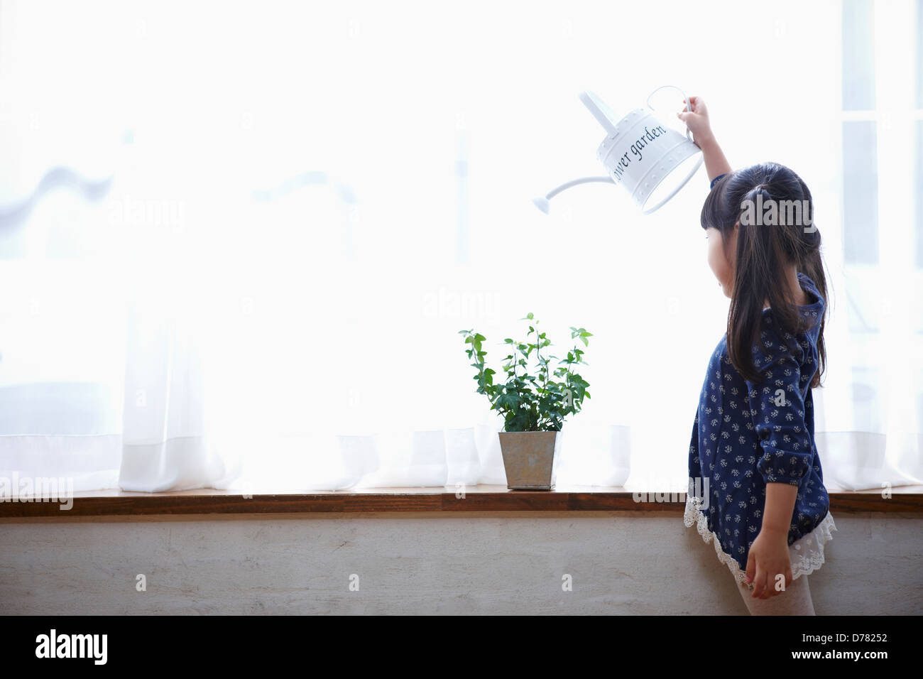 a girl watering a plant in a vase Stock Photo Alamy