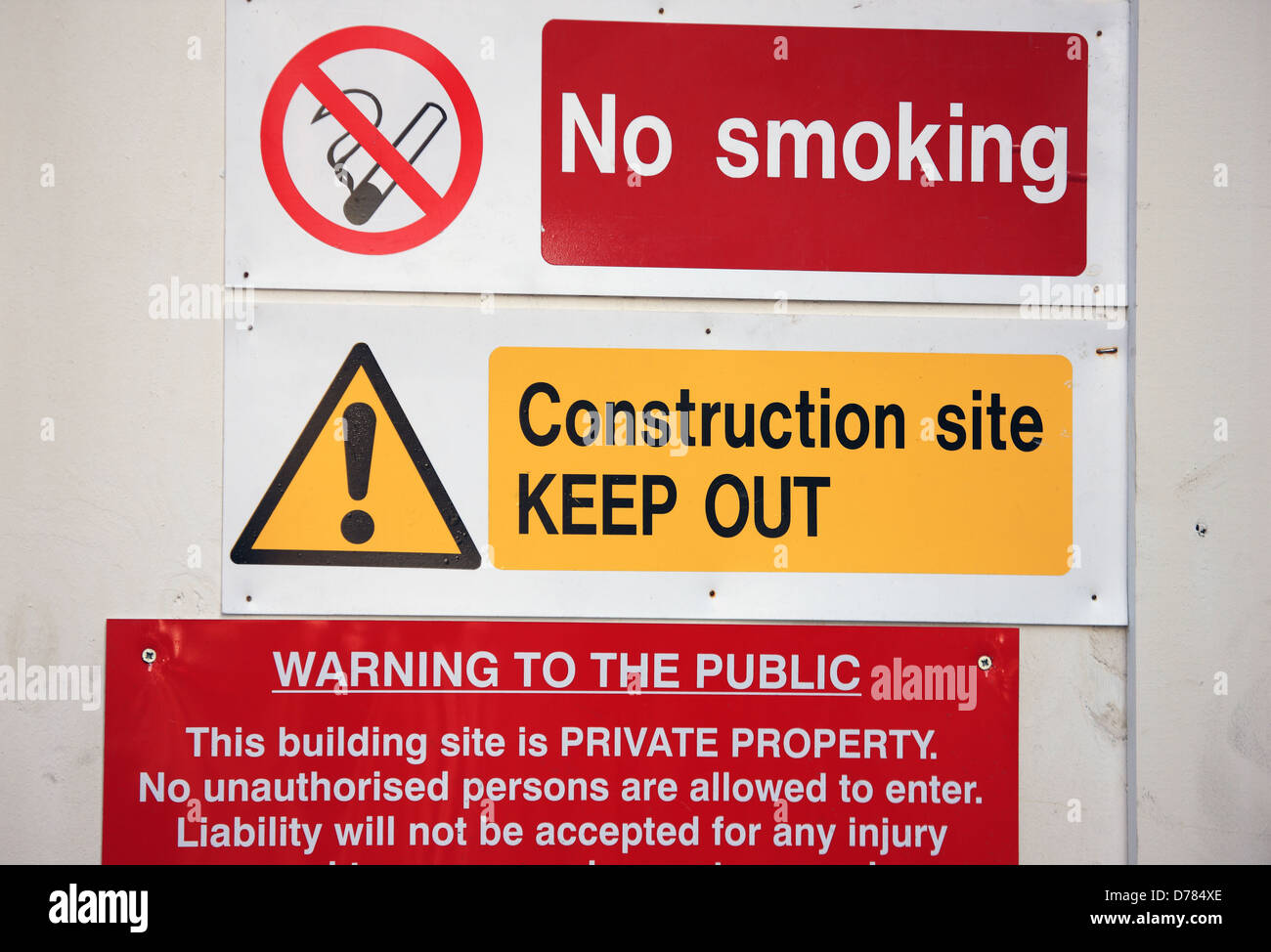 Warning signs at the entrance to a construction site Stock Photo
