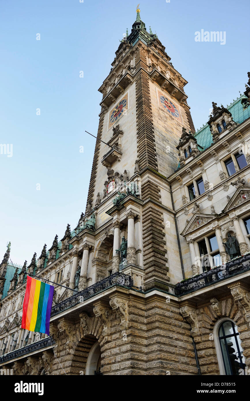 Hamburg city hall with rainbow flag to Christopher Street Day, Hamburg, Germany, Europe Stock Photo